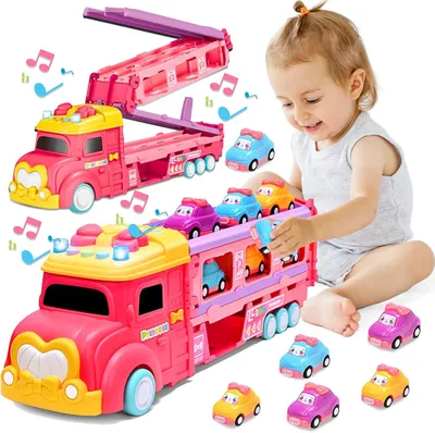 Produktbild von RoserRose Autotransporter Spielzeug ab 2 3 4 5 Jahre Mädchen, Einhorn Transport Truck Autotransporter mit Licht Musik und Rennbahn, LKW