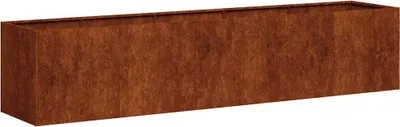 A rectangular planter box with a rusty metal texture.