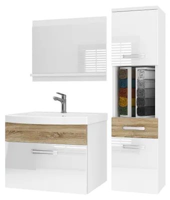 Immagine prodotto di Set di mobili da bagno BELINI PRI PM3 90 cm bianco/rovere Sonoma lucido - Mobile da bagno moderno con lavabo e specchio, completamente accessoriato, montaggio a parete