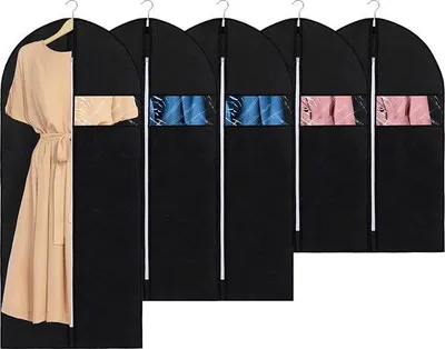Image de Tomivo® Mamowla : Lot de 5 sacs de rangement pour vêtements en tissu non tissé respirant, avec fermeture éclair et fenêtre transparente – 1 sac de 140 cm (pour robes), 2 sacs de 120 cm, 2 sacs de 100 cm (pour costumes)