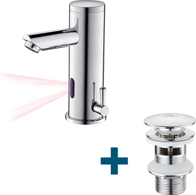 Produktbild von Infrarot Sensor Wasserhahn Automatik Waschtischarmatur + Ablaufgarnitur mit Überlauf, Einhandmischer Wasserhahn Bad mit Pop Up, Chrom