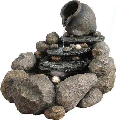 Produktbild von Dehner Gartenbrunnen Soltero, Outdoor-Brunnen mit warmweißer LED-Beleuchtung, solarfähig, ca. 69 x 54 x 578 cm, Polyresin, grau