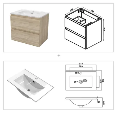 Produktbild von Waschtisch mit Unterschrank 60 cm Badezimmermöbel Hängeschrank Eiche