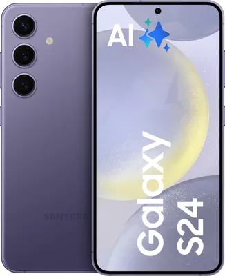 A marketing image showing the front and back of a Samsung Galaxy S24 smartphone.