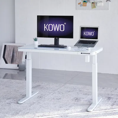 Produktbild von KOWO Elektrisch Hoehenverstellbarer Schreibtische Glas Bürotisch 120x60 cm mit Wireless Charger & mit Smartem Touchpad und USB-A & C Weiß