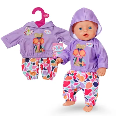 Produktbild von BABY born Hoodie Outfit aus Kapuzen-Sweater und bunter Hose für 43cm Puppen.