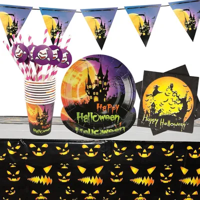 Produktbild von Halloween-Party-Geschirr-Set, Teller, Becher, Strohhalme, Tischdecke, 52 Stück