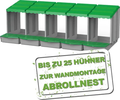 A product shot of a multi-compartment nesting box for chickens, with overlaid text.
