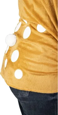 Close-up of the side of a costume with white spots and a white pom-pom tail.