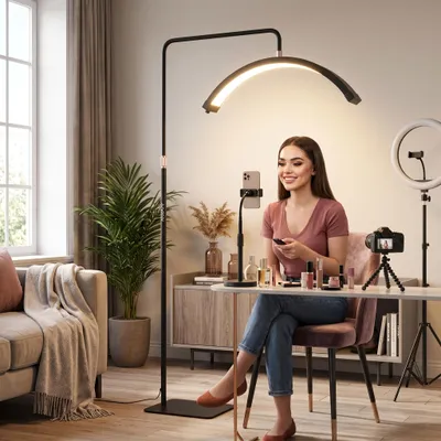 Zdjęcie produktu dla Lampa podłogowa LED Andoer HD-M6X 36 W, z regulacją jasności (3200 K–5600 K), metalowy statyw o wysokości 180 cm, uchwyt na telefon komórkowy, pilot zdalnego sterowania, do salonów kosmetycznych, pierścieniowe lampy do makijażu