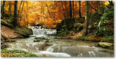 Produktbild von Tulup Glas-Bild -140x70- Wandkunst Dekorative Wand für Küche & Wohnzimmer - Landschaften - Wasserfall im Wald - Gelb