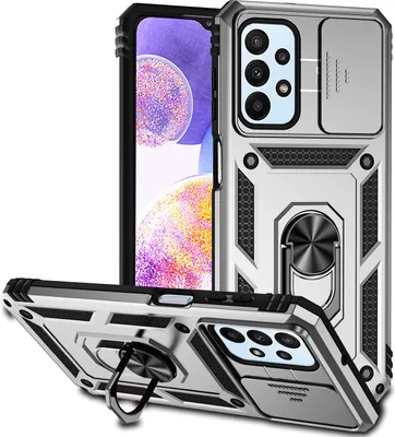 Image de Étui pour Samsung Galaxy A23 4G étui double couche avec couvercle coulissant pour appareil photo et anneau de support Argent