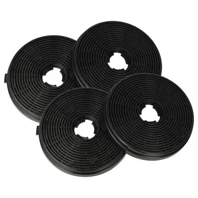 A set of four charcoal filters for a range hood, arranged in a slightly overlapping cluster against a white background.