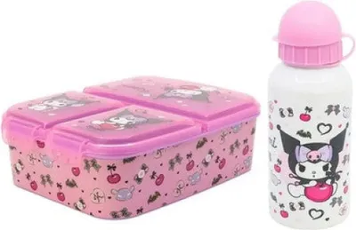 Produktbild von Kuromi Hello Kitty 2 tlg. Lunch Set Brotdose 3 Kammern ALU ATrinkflasche 400 ml
