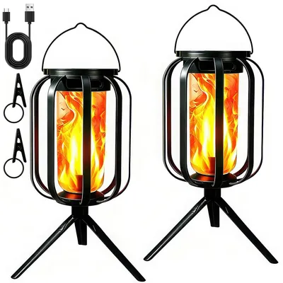 Produktbild von Solar Gartenleuchte Flamme 2er Set, LED Flammenlicht mit Solar & USB Akku, wetterfest, Outdoor Dekolampe für Garten, Terrasse, Balkon & Camping
