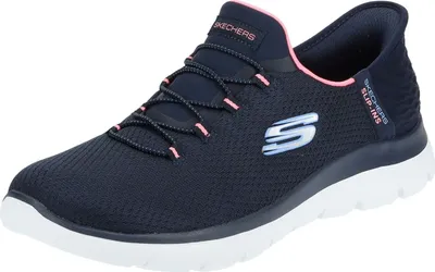 A single navy blue Skechers shoe with pink accents and a white sole is shown against a white background.