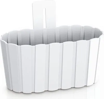 A white planter pot with a hook for hanging.