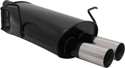 A black exhaust muffler with two silver exhaust tips, shown against a white background.