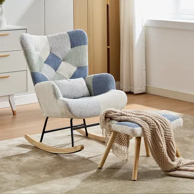 Image de Fauteuil relax à bascule Sweiko avec repose-pieds, fauteuil moderne en tissu, canapé-lit rembourré pour le salon, la chambre à coucher, le bureau (couleur patchwork, motif pied-de-poule)--Capacité de charge jusqu'à 110 kg
