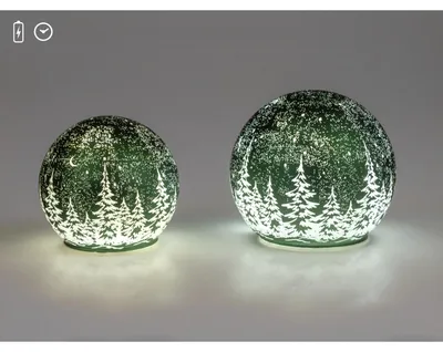 Produktbild von 2er Set LED Kugeln FROSTY WINTERWALD zum stellen grün 10 + 12cm Timer Formano