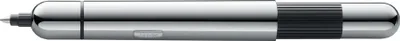 A close-up, studio shot of a silver and black pen on a white background.