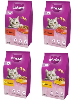 Zdjęcie produktu dla Whiskas sucha karma dla kota mix smaków z wołowiną i z kurczakiem 4x 1,4 kg