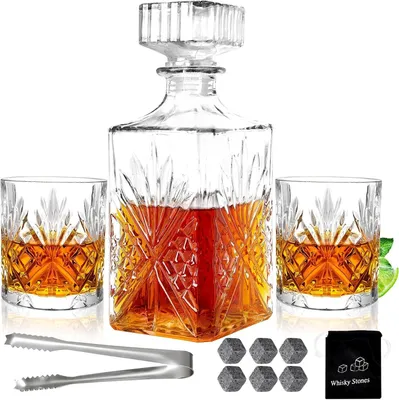 Produktbild von Whisky-Set für Herren: 2 Whisky-Gläser und 1 Glas-Karaffe mit Kühlsteinen. Klares Whisky-Set für Bourbon, Rum und andere Spirituosen
