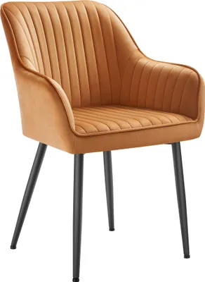 A single caramel brown upholstered chair with black metal legs is shown against a white background.
