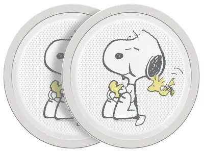 Two plates with Snoopy and Woodstock characters.