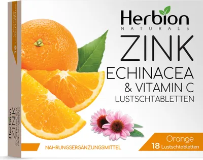 Obrázek produktu pro Herbion Naturals Pastilky se zinkem, echinaceou a vitamínem C s přírodní příchutí pomeranče – 18 CT