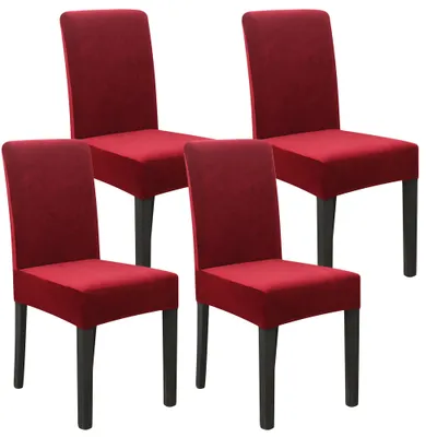 Produktbild von Stuhlhussen 4er set Verdickter Samt Stretch Hussen Für Stühl Weichem Esszimmer Stuhlbezug Hochzeit Home Party Stuhlüberzug Esszimmer-Sitzbezug Weinrot