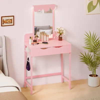 Produktbild von Schminktisch mit LED-Spiegel, Schminktisch mit Schublade und Haken, moderner Schminktisch, inklusive Kippsicherung, Rosa