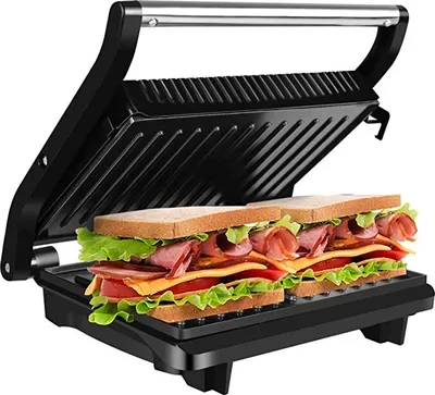Produktbild von Gotoll GLHS152D Kontaktgrill Tischgrill, Panini & Sandwich Maker, doppelte Grillplatten, geöffnete 180° Kontakt-Grill, 1000 W, antihaftbeschichtet, isolierte Handgriffe, Edelstahlgehäuse