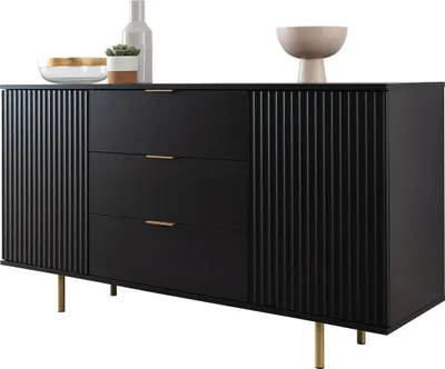 Produktbild von MIRJAN24 Sideboard Nubia K2D3SZ mit zwei Drehtüren und drei Schubladen, 150x41x80 cm, Metallfüße (Farbe: Schwarz)