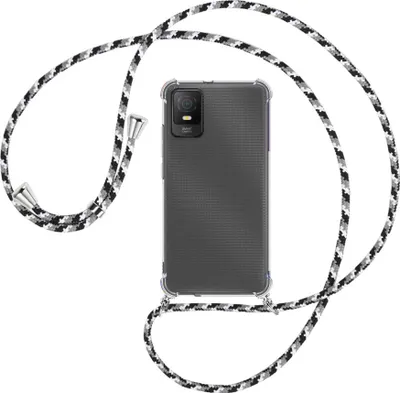 Produktbild von Handykette Backcover-Schutzhülle mit Band (Metall silberfarben) für TCL 403 (T431, 6.0'') - schwarz/grau/weiß