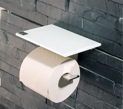 Produktbild von WC Rollenhalter aus Edelstahl / Toilettenpapierhalter mit Abstellfläche / Ablage aus weißem Glas (1)