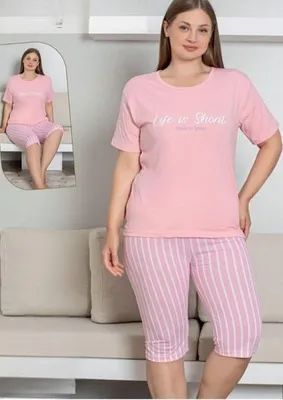 Immagine prodotto di Pigiama da donna taglie forti, bermuda rosa, XXL, corto, in cotone, 2 pezzi, L-97