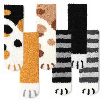 Produktbild von 6 Paar Flauschige Katzensocken Damen Kinder Warme Haussocken Winter Kuschelsocken Katzenpfoten Design