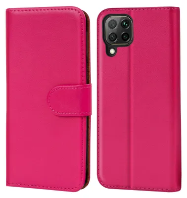 A pink flip case for a Huawei P40 Lite phone, shown from the front and back.