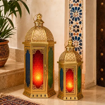 2er-Set marokkanische Kerzenlaternen 50/38 cm, Gold, buntes Glas