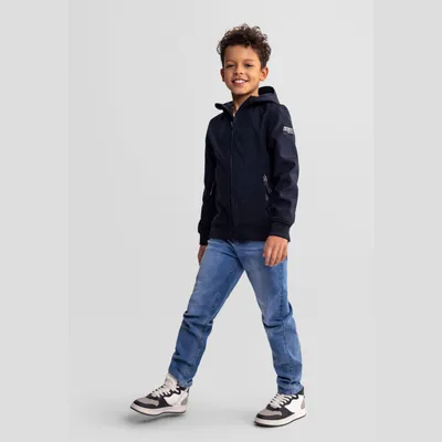 Produktbild von Minoti Jungen Sportjacke Softshell Schwarz mit Kapuze - Winddichte Kinder Sportjacke mit Seitentaschen für Outdoor und Alltag