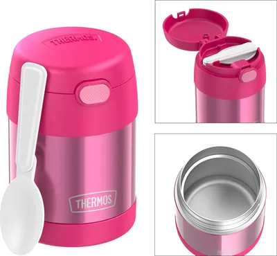 A collage of images showing a pink Thermos food jar from different angles, including a close-up of the lid and the interior.