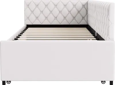 Image de CDGlobal Lit rembourré 90x200cm Lit simple avec sommier extensible, lit en bois massif avec sommier à lattes et lit de rangement Lit d'invité Lit de jour, Beige