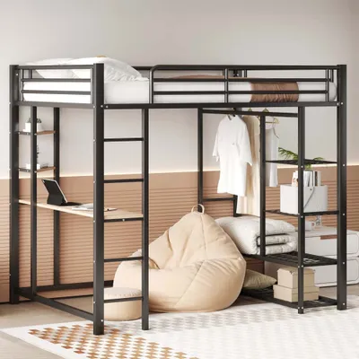 Immagine prodotto di Letti a soppalco AIORBER, 140x200cm, letto singolo in metallo con tavolo da lavoro, con scala, design armadio e vani portaoggetti, salvaspazio e stabile, nero