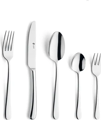 A set of polished silverware, including a fork, knife, and two spoons, arranged on a white background.