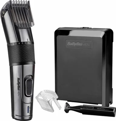 A hair and beard trimmer set is displayed against a white background.
