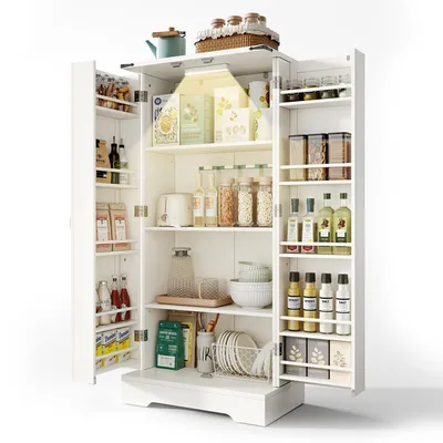Produktbild von AIORBER Küchenschrank Landhausstil 128,5cm, Aufbewahrungsschrank mit LED, 2 Türen und verstellbaren Regalen für Esszimmer oder Wohnzimmer, Weiß