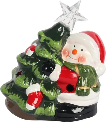 Zdjęcie produktu dla Ozdoba świąteczna ceramiczny BAŁWAN z choinką LED 12.5 cm