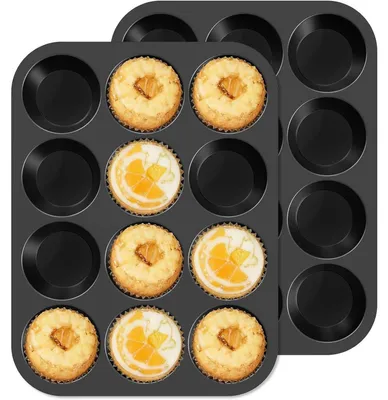 Immagine prodotto di Stampi per muffin, 2 pezzi, in silicone antiaderente con cornice in metallo, ideali per cupcake, brownie, torte e budini, dimensioni 32 x 24 x 3 cm, colore nero