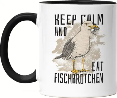 Produktbild von Keep Calm and Eat Fischbrötchen Tasse Schwarz Möwe Krabbenbrötchen Sylt Ostsee Nordsee